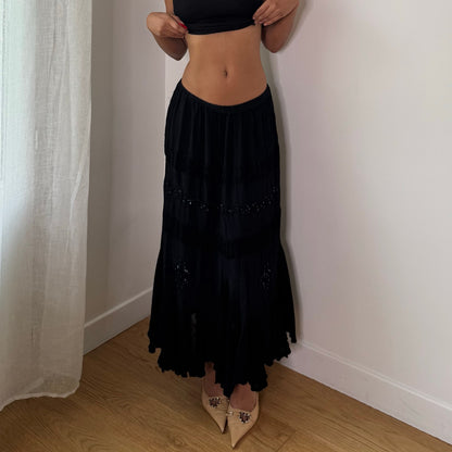 Vintage Black Embellished Flowy Maxi Skirt Euro Y2K (S/M)