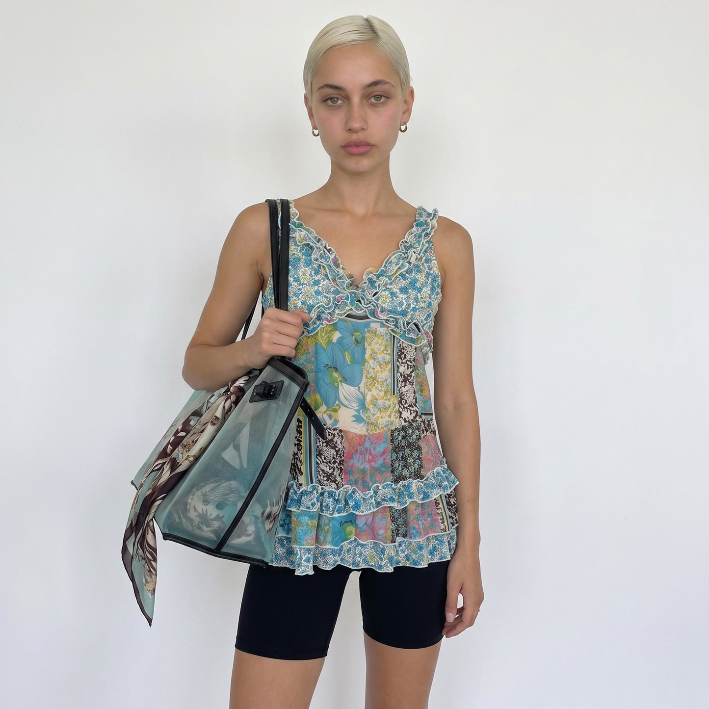 Vintage Blue Patchwork Mesh Top (S)