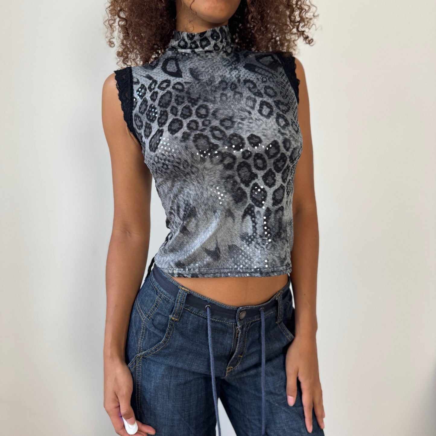 French Vintage Slinky Leopard Shimmer Mock-Neck Top (S/M)