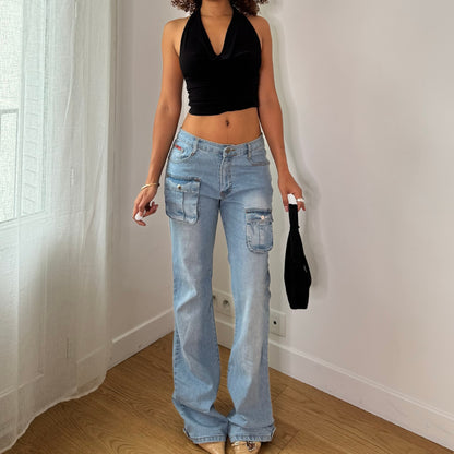 Vintage Light Blue Wash Low Rise Cargo Flare Jeans Euro Y2K (S)