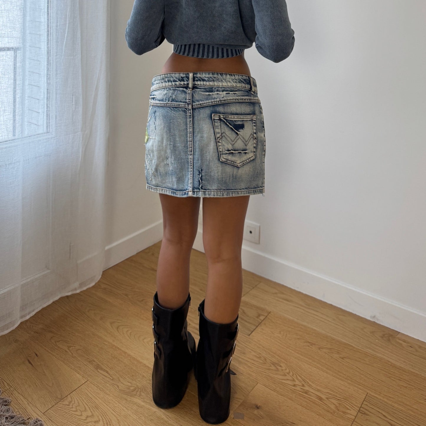 Vintage Italian Denim Mini Skirt Embroidered Sequin Floral 100% Cotton (S)