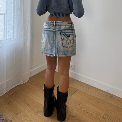 Vintage Italian Denim Mini Skirt Embroidered Sequin Floral 100% Cotton (S)