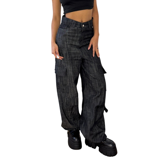 Vintage Charcoal High Rise Cargo Pants Adjustable Ankle Wide Leg (S)