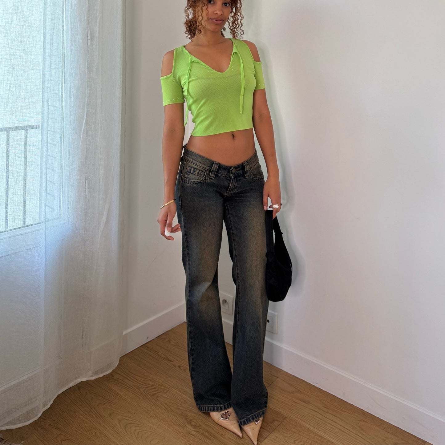 Vintage Lime Green Layered Cold Shoulder Top Italian Y2K (S)