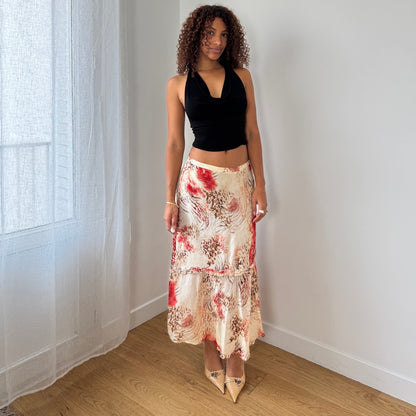 Vintage cheetah & abstract floral satin-mesh midi skirt with tiered hem (Small)