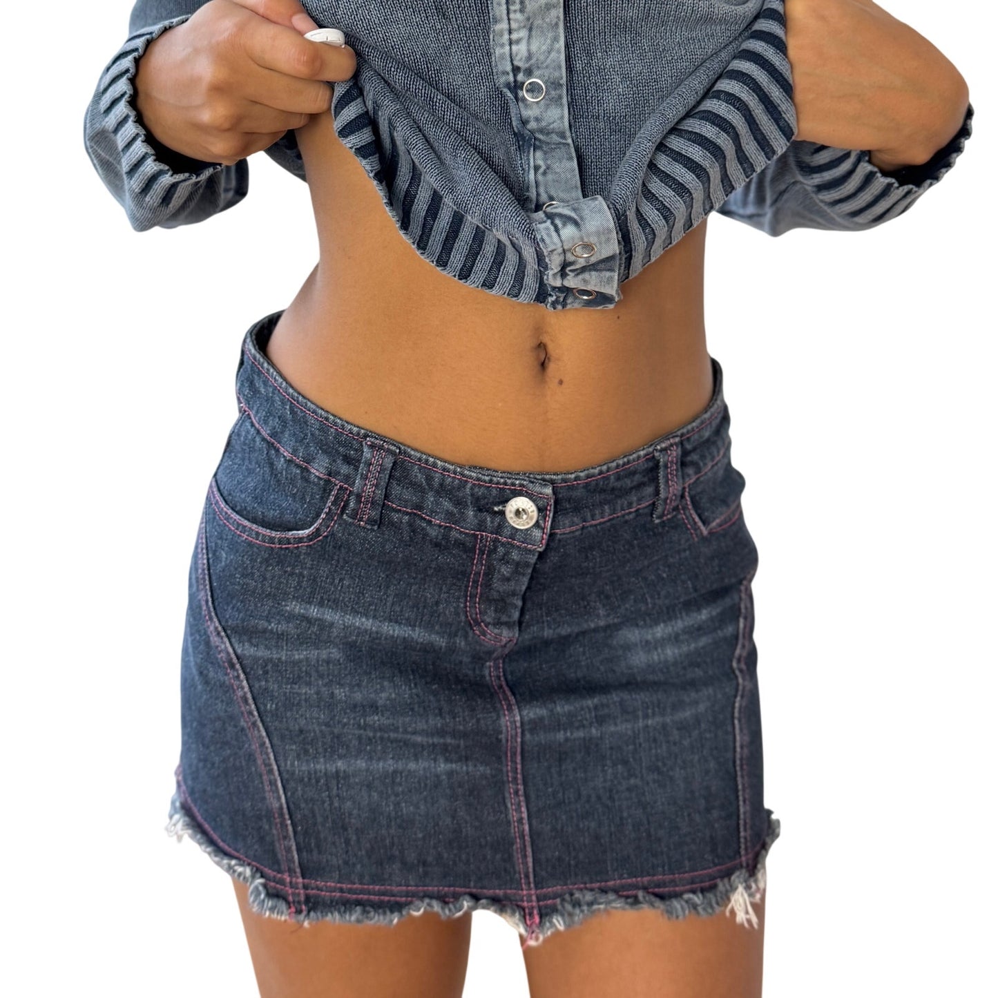 Vintage Italian Denim Mini Skirt Contrast Stitch Raw Hem Cotton (XS/S)