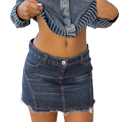 Vintage Italian Denim Mini Skirt Contrast Stitch Raw Hem Cotton (XS/S)