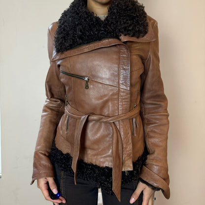 Vintage 90s Italian leather with Mongolian fur trimmed jacket (S)