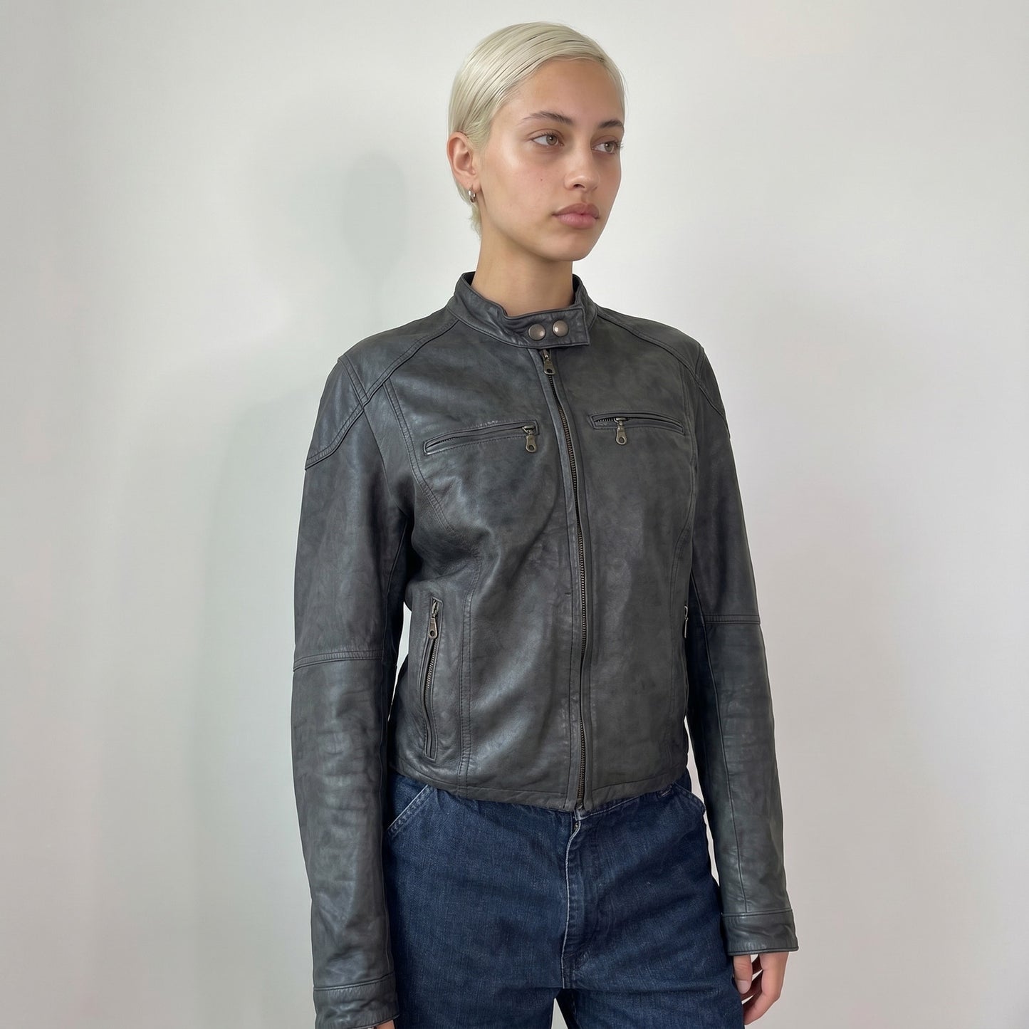Vintage Grey Leather Moto Jacket Zip Front Minimalist Italy Y2K (S/M)