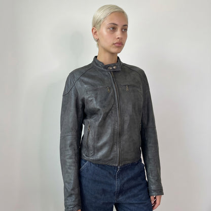 Vintage Grey Leather Moto Jacket Zip Front Minimalist Italy Y2K (S/M)