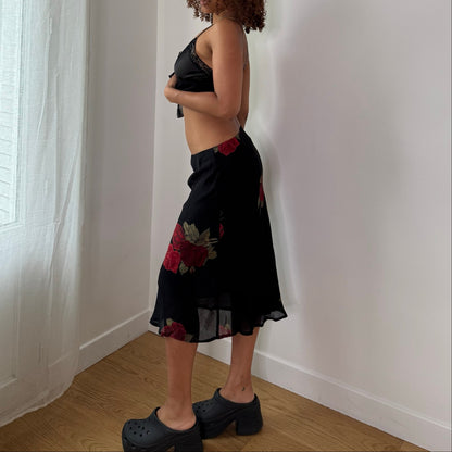 Vintage Black Red Rose Mesh Midi Skirt Double Lined Y2K (S)