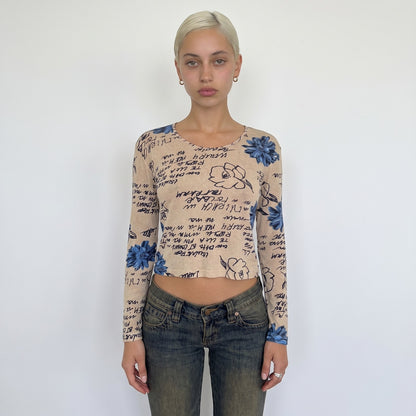 Vintage Italian Beige Blue Floral Script Mesh Top Y2K (S)