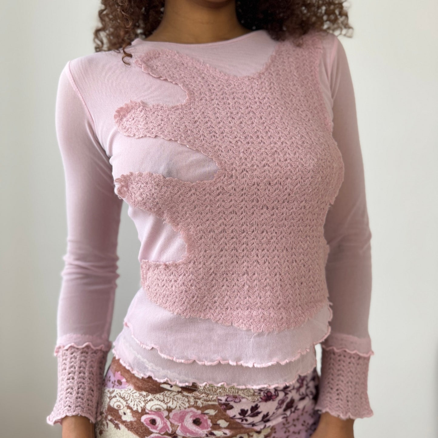 Euro Vintage Italian Pink Mesh & Knit Patchwork Top (Small)