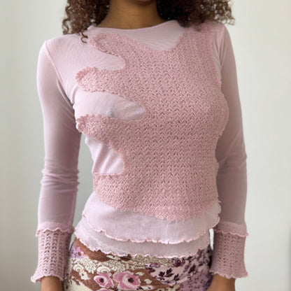 Euro Vintage Italian Pink Mesh & Knit Patchwork Top (Small)
