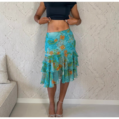 Euro Vintage Turquoise Orange Floral Paisley Sequin Mesh Tiered Ruffle Midi Skirt