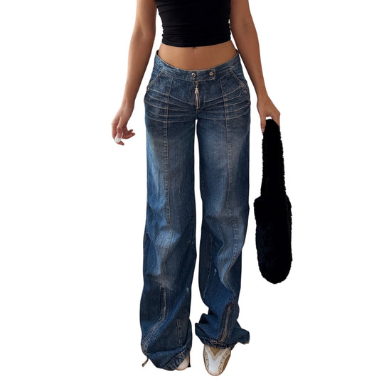 Vintage Blue Denim Adjustable Hem Jeans Wide Leg Zip Detail (S)