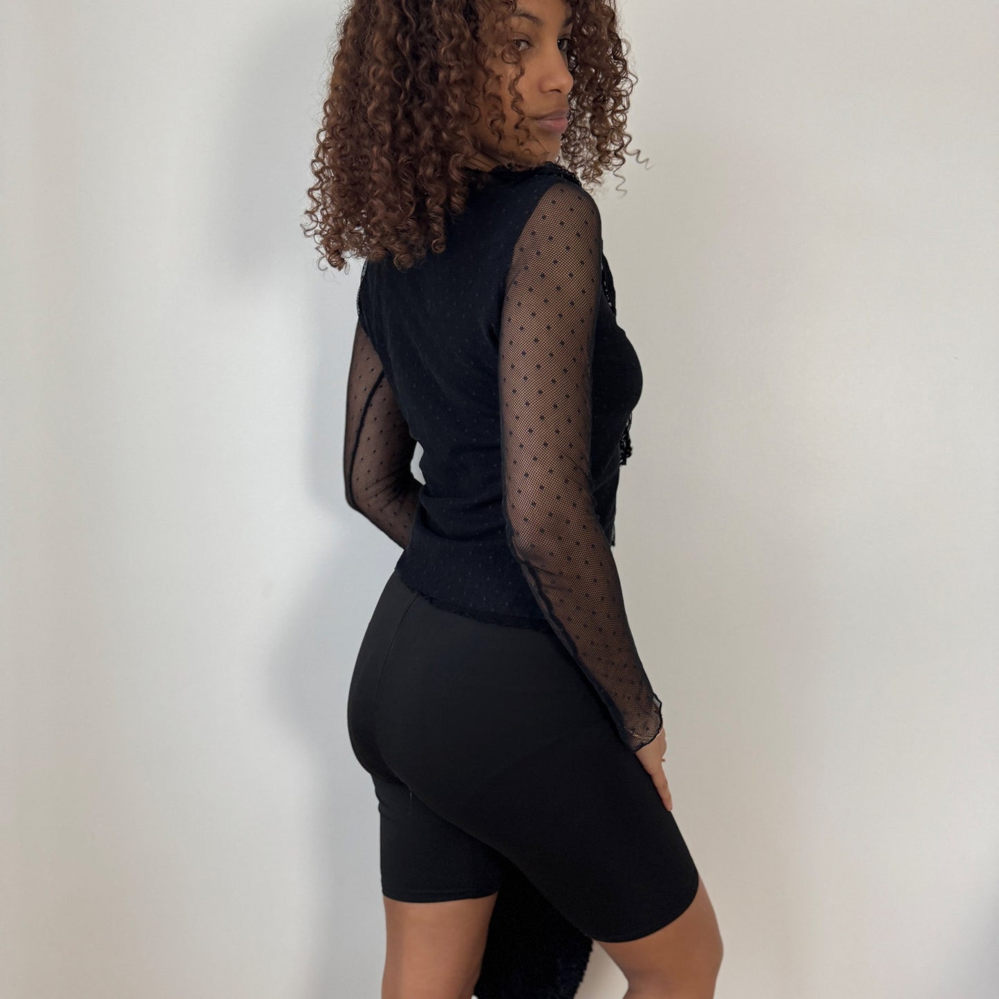 Vintage Italian black cotton mesh polka dot top with sheer sleeves (S)