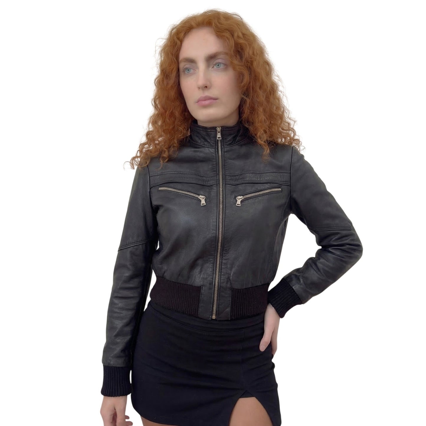 Vintage Italian black real leather zip front jacket with ribbed cuffs and waist (S)