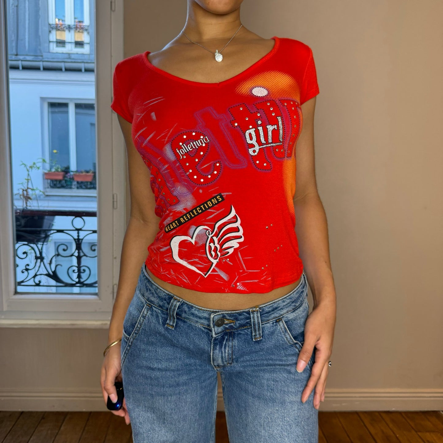 Italian Vintage 00s red graphic baby tee with lace up back (S) euro fitted