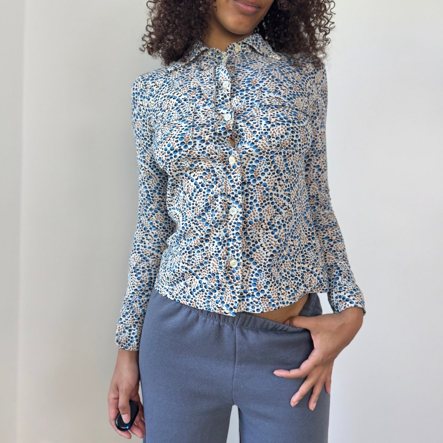 Vintage Italian Button-Up Mesh Blouse with Micro Dot Print (XS)