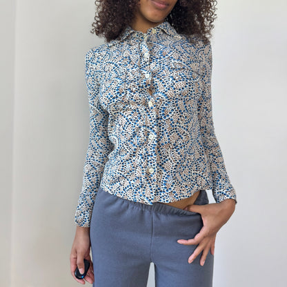 Vintage Italian Button-Up Mesh Blouse with Micro Dot Print (XS)