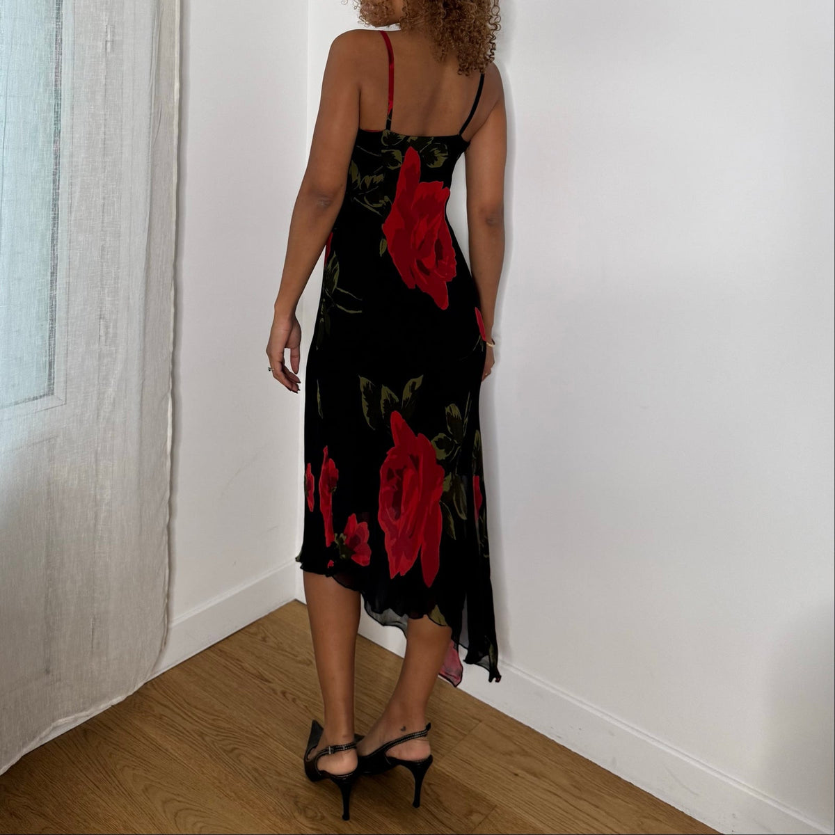 Italian vintage black & red rose print mesh midi slip dress with spaghetti straps