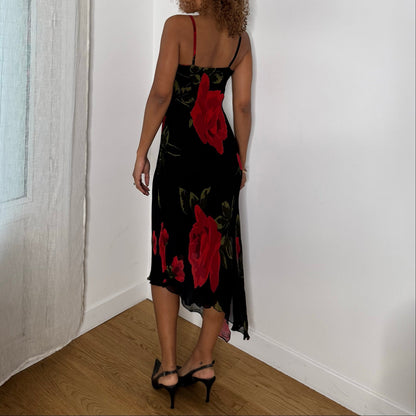 Italian vintage black & red rose print mesh midi slip dress with spaghetti straps