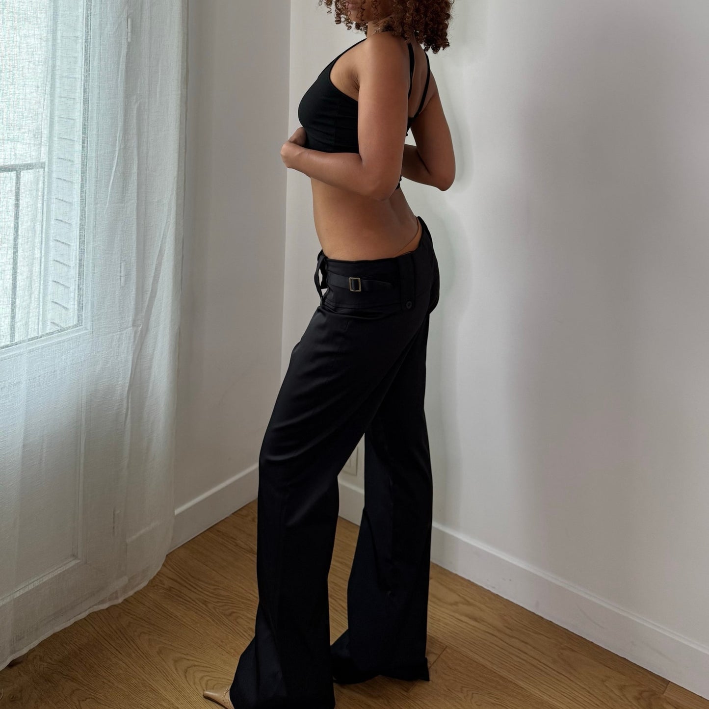 Vintage Black Buckle Waist Flare Pants Euro Y2K Trousers (S)