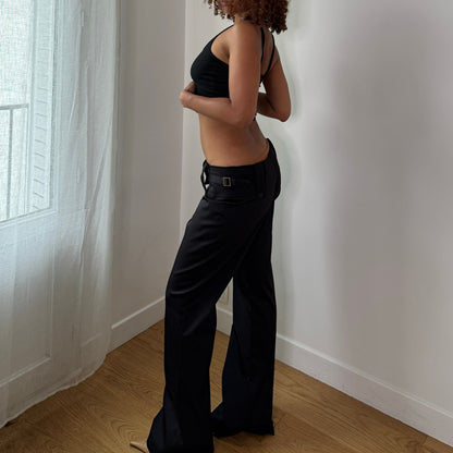 Vintage Black Buckle Waist Flare Pants Euro Y2K Trousers (S)