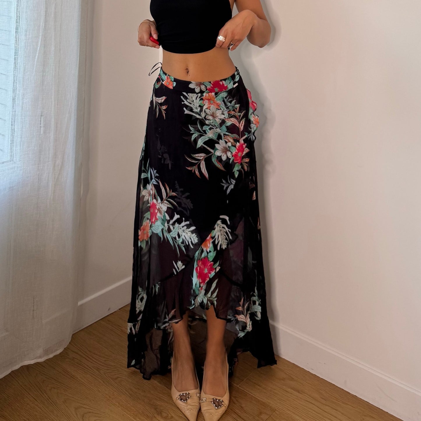 Vintage Guess Black Red Green Floral Asymmetrical Maxi Skirt Y2K (XS/S)