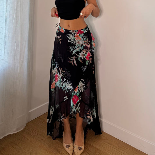 Vintage Guess Black Red Green Floral Asymmetrical Maxi Skirt Y2K (XS/S)