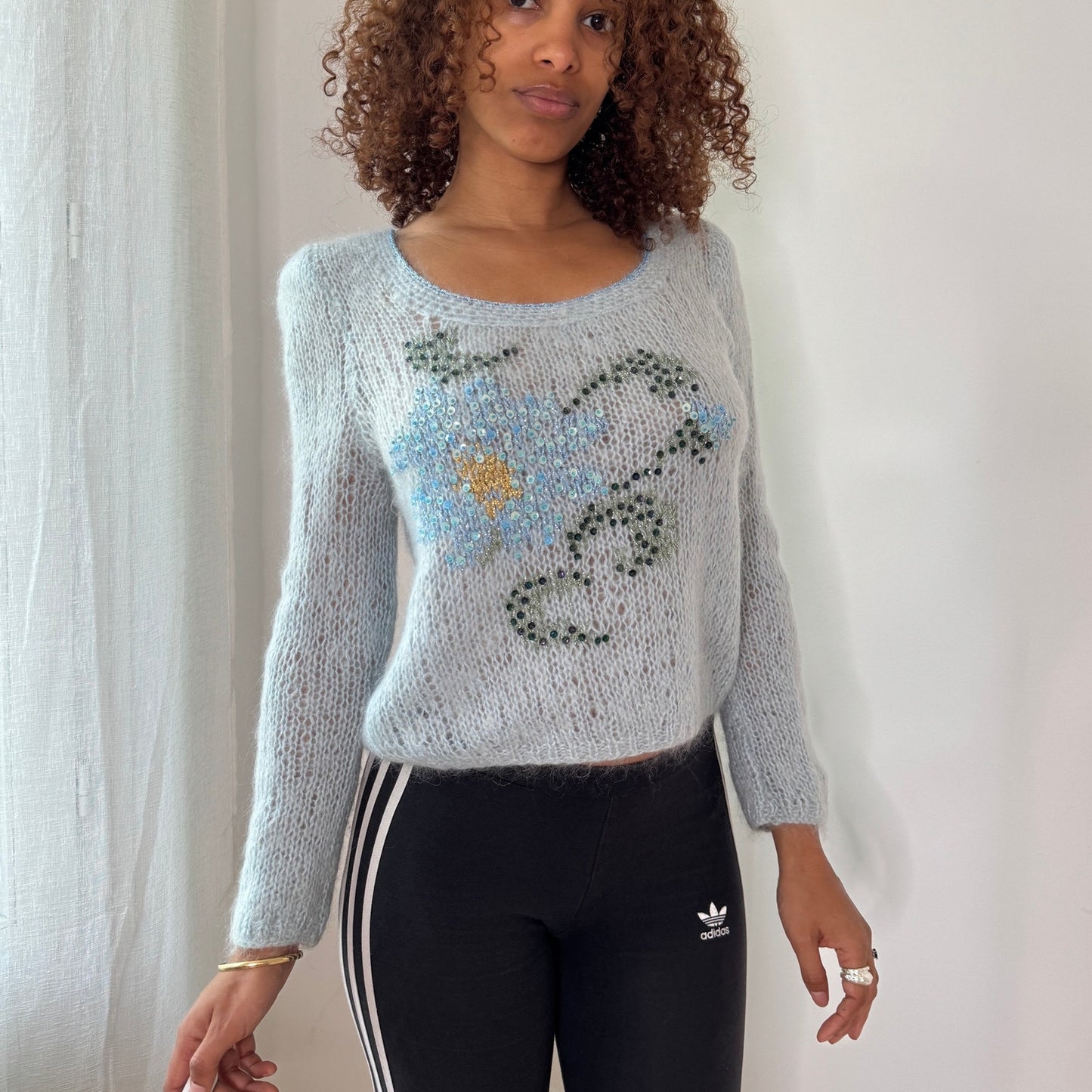 Vintage Baby Blue Mohair Blend Floral Sequin Sweater Italian Y2K Fuzzy Knit Top (S/M)