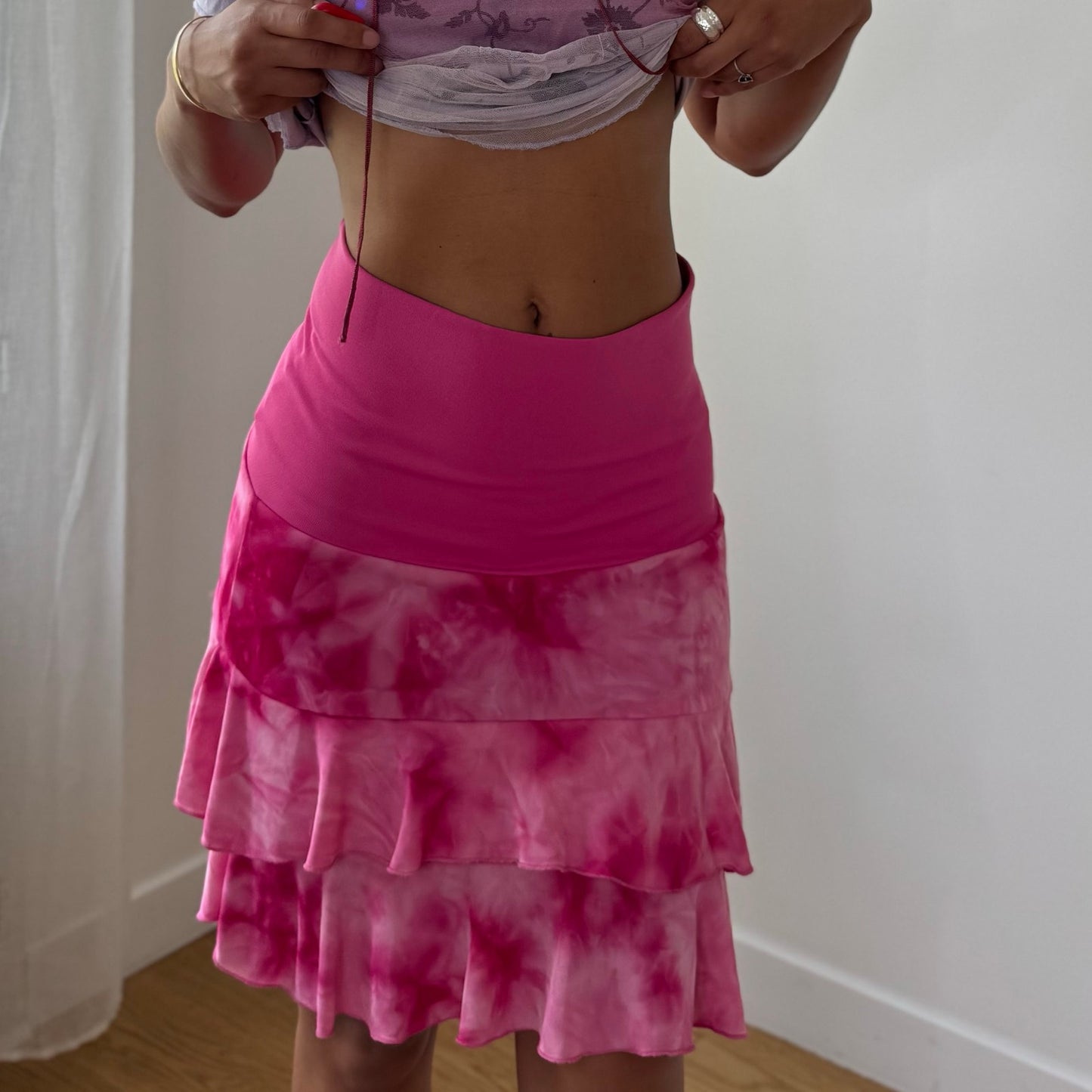 Vintage Pink Tie Dye Mesh Ruffle Mini Skirt Tiered Italian Y2K (S)