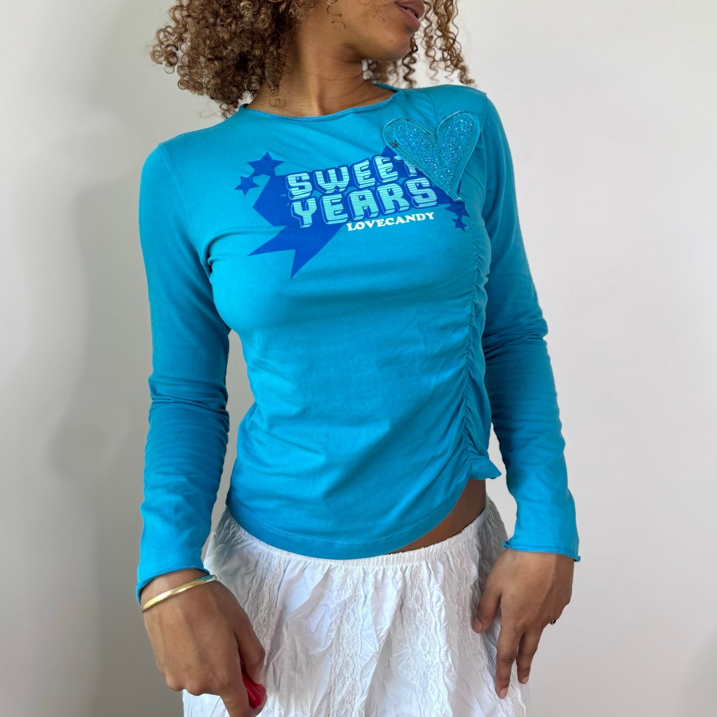 Vintage Turquoise Graphic Long Sleeve Top Glitter Heart Y2K (S)