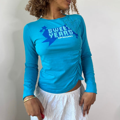 Vintage Turquoise Graphic Long Sleeve Top Glitter Heart Y2K (S)