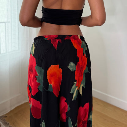 Vintage Black Red Rose Mesh Midi Skirt Sheer Floral Y2K Skirt (S) ⠀