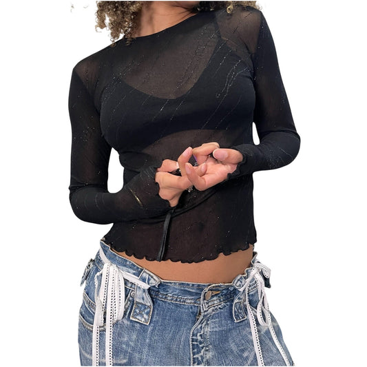 90s black sheer micro mesh cropped long sleeve with sparkles (XS/M)