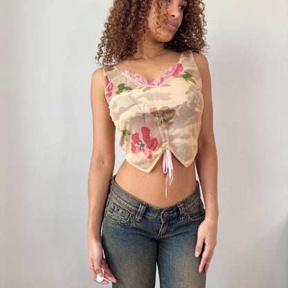 Vintage Euro Sheer Floral Mesh Top Lace Trim Corset Style (S)