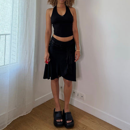 Vintage Black Midi Skirt Satin Ribbon Detail Asymmetrical Hem Y2K (S)
