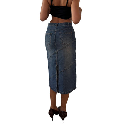 Vintage Blue Denim Midi Skirt Stud Detail Y2K Euro (S)