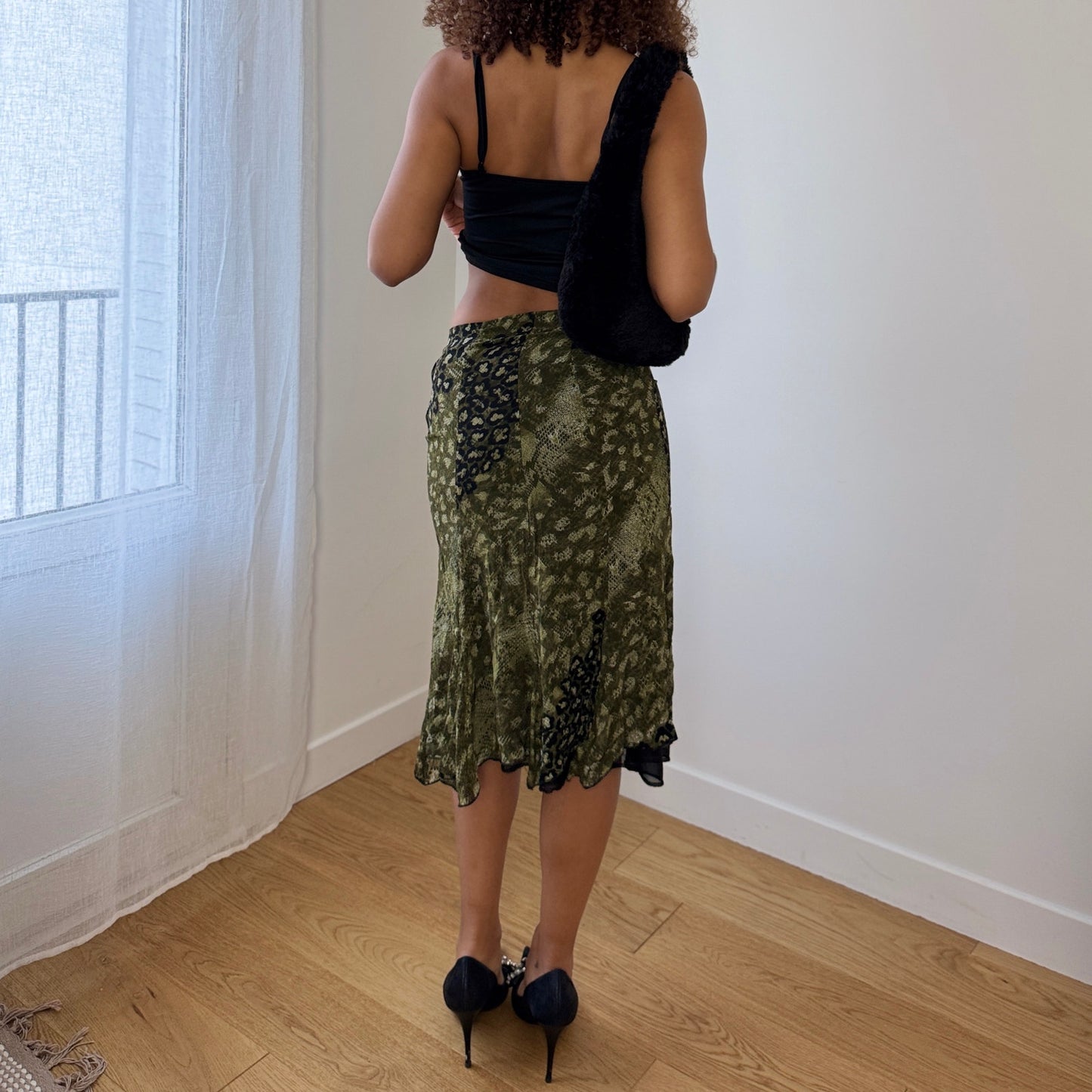 Vintage Italian Green Floral Mesh Midi Skirt Abstract/Cheetah Print (XS/S)