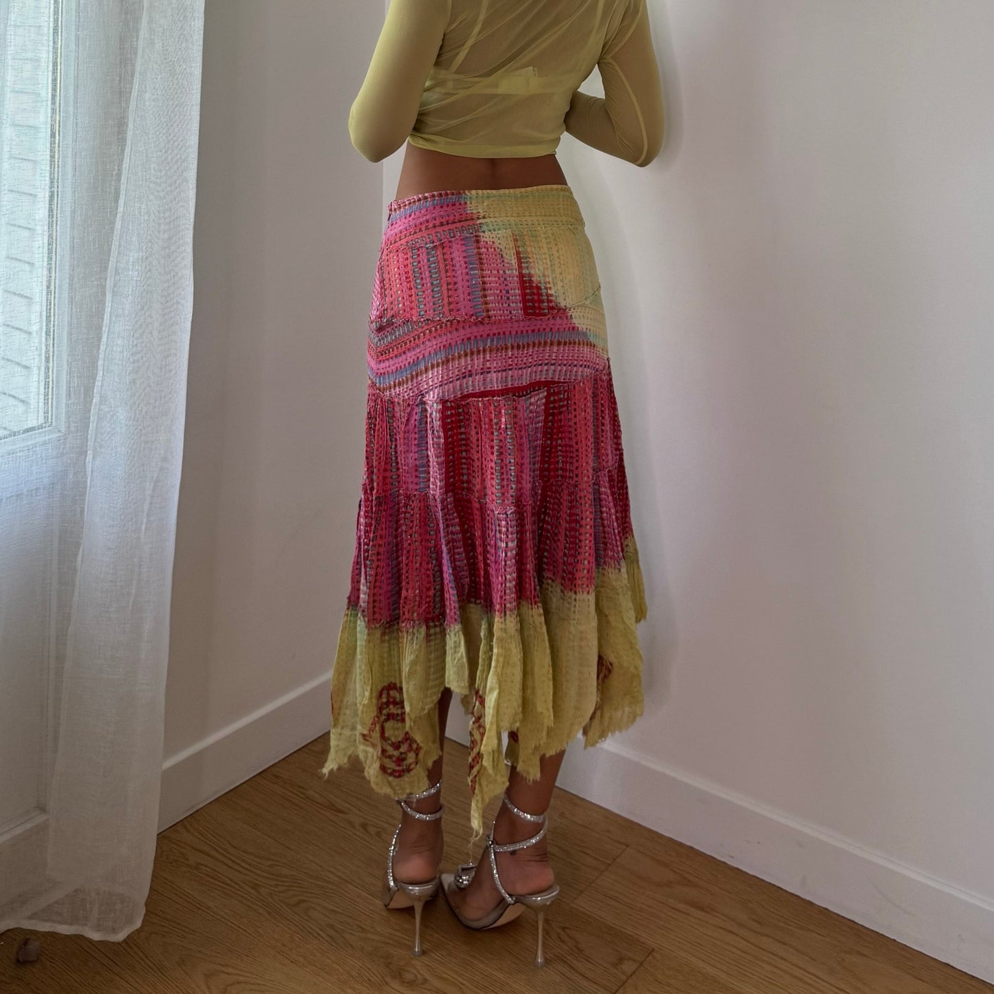 Vintage Yellow Pink Patchwork Handkerchief Maxi Skirt Italian Deadstock (S)