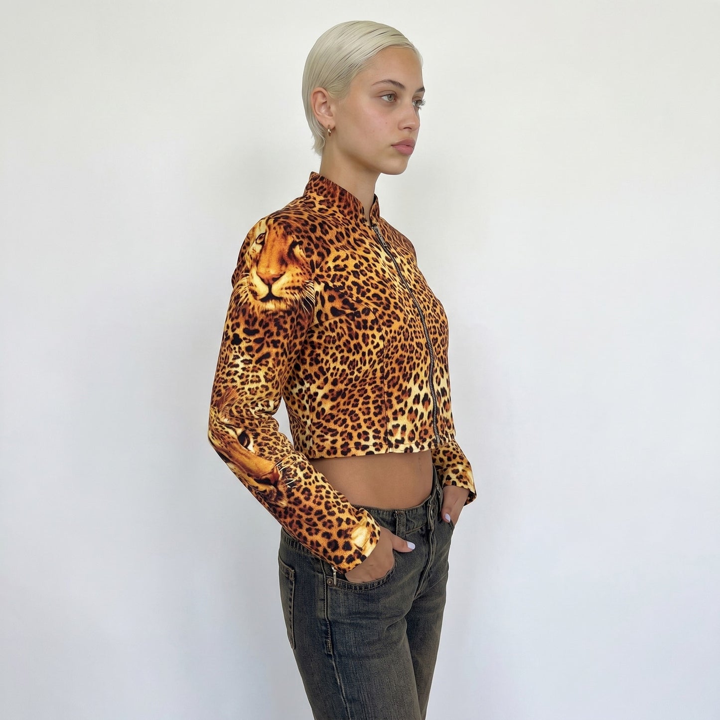 Vintage Brown Black Leopard Print Zip Up Jacket Italian Y2K (S)