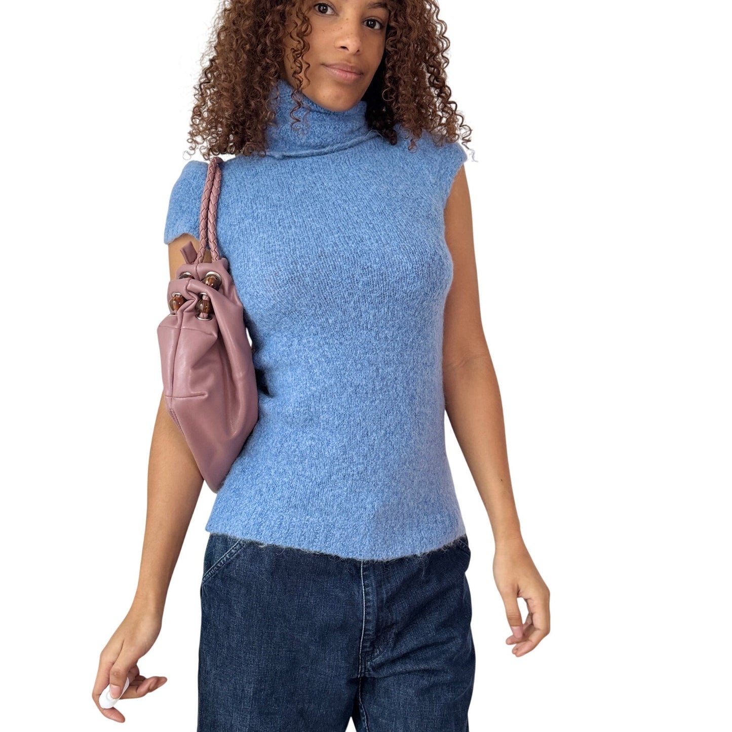 Vintage Italian Blue Mohair Wool Blend Cap Sleeves Turtleneck Knit Top (S/M)