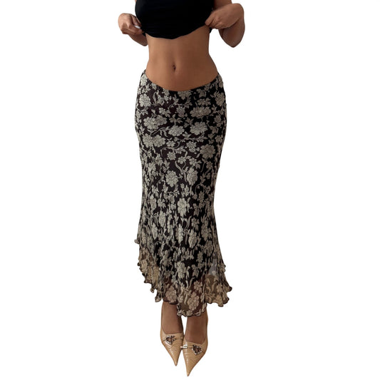Vintage Brown Tan Floral Silk Midi Skirt Sheer Ruffle Hem Italy Y2K (S)