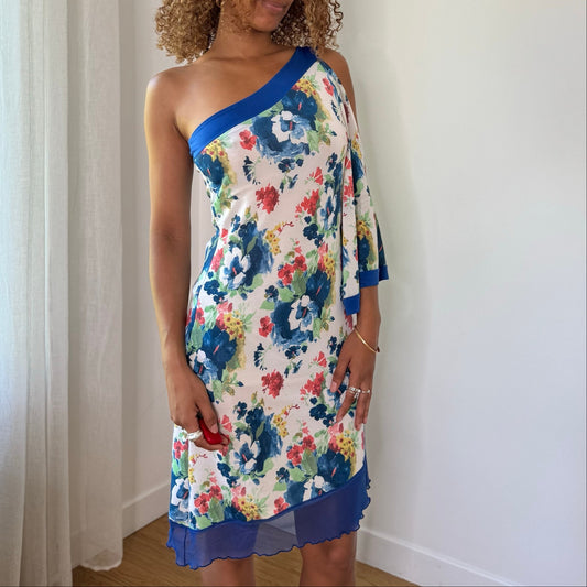 Vintage Blue White Multicolor Floral One Shoulder Mesh Dress Italian Y2K (S)