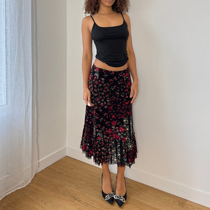 Vintage Italian Black Red Floral Mesh Midi Skirt Tiered Ruffle Hem (S)