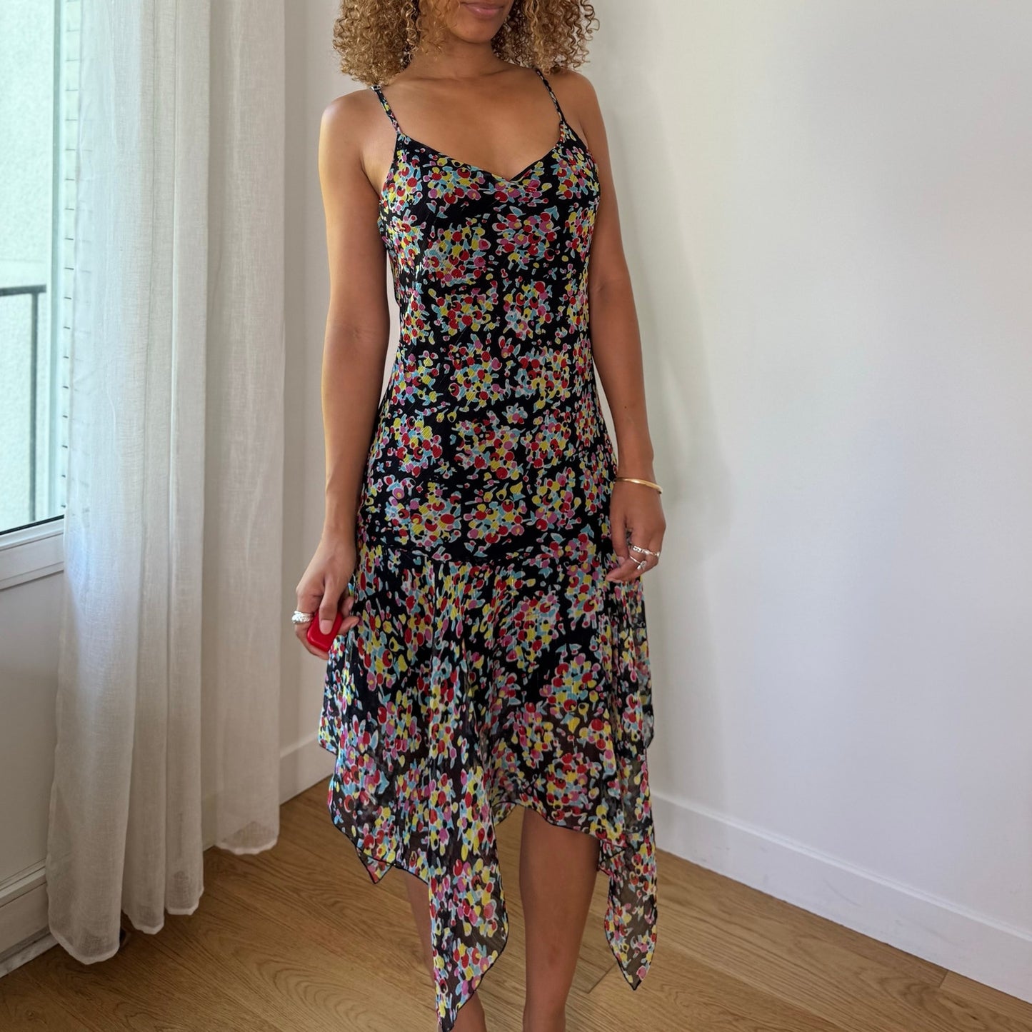 Vintage Black Red Pink Green Floral Mesh Handkerchief Midi Dress Y2K (M)