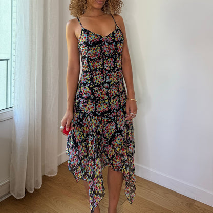 Vintage Black Red Pink Green Floral Mesh Handkerchief Midi Dress Y2K (M)