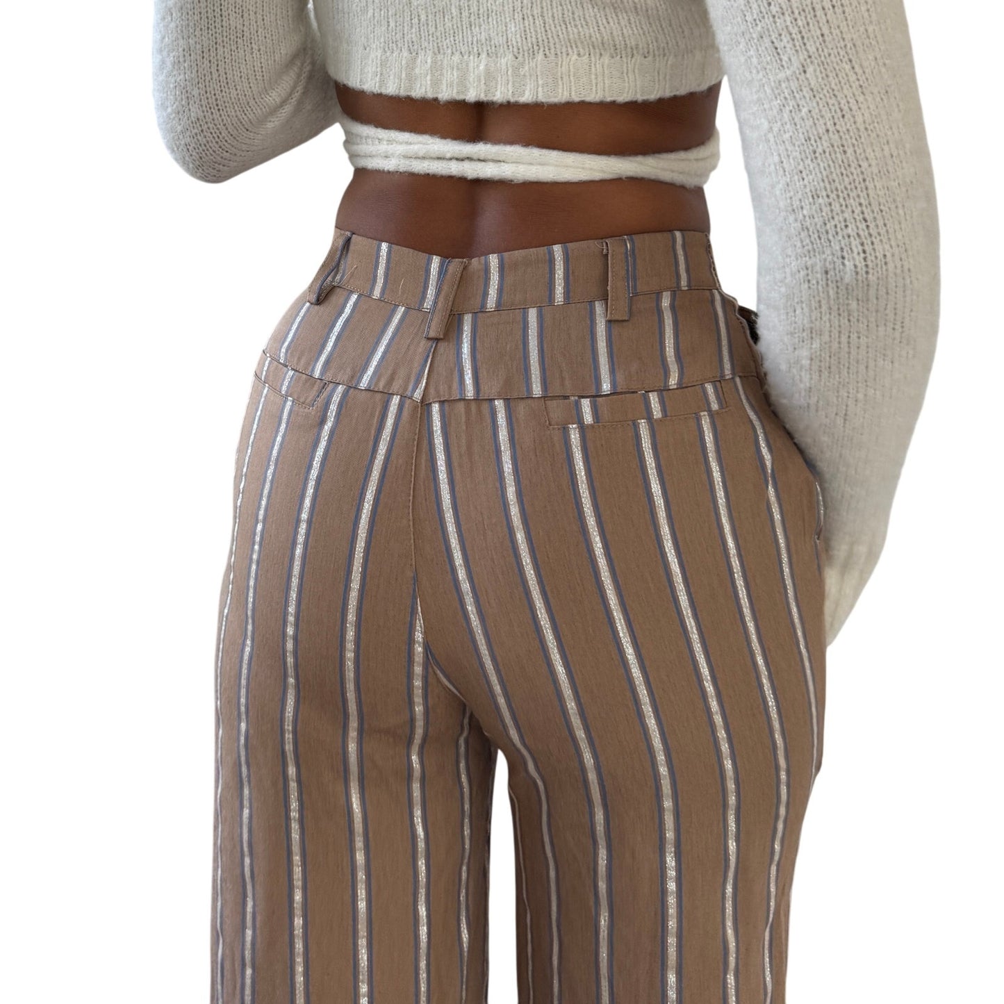 Vintage Italian tan striped high-waisted trousers with shimmer detail (XS)